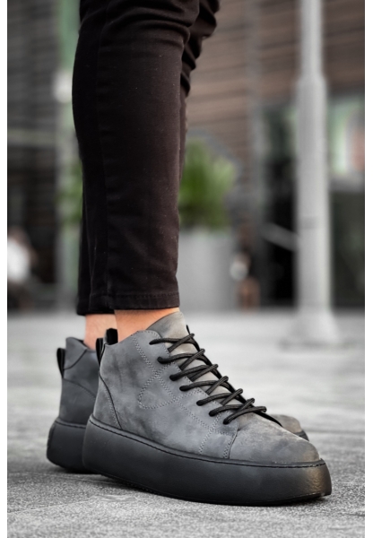 MirgeShoes Antrasit Bağcıklı Erkek Spor Bot Deri Rahat Yüksek Kalın Siyah Taban Ant MRG01062328