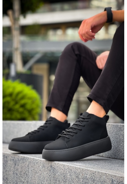 MirgeShoes Siyah Bağcıklı Erkek Spor Bot Deri Rahat Yüksek Kalın Siyah Taban SY MRG01062328