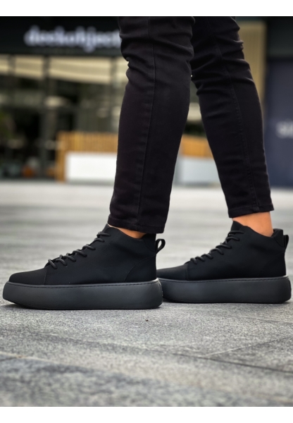 MirgeShoes Siyah Bağcıklı Erkek Spor Bot Deri Rahat Yüksek Kalın Siyah Taban SY MRG01062328