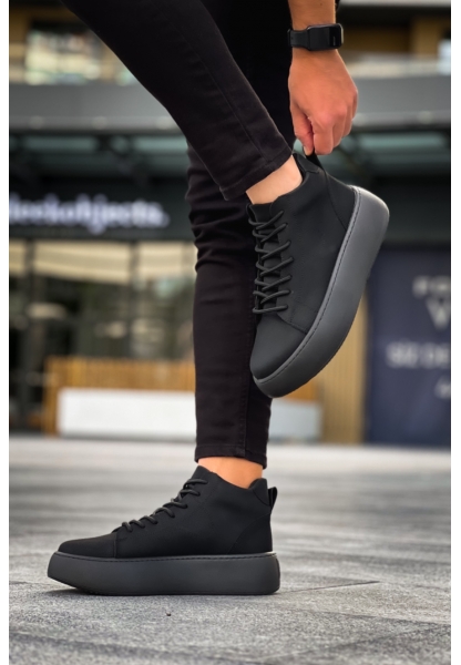 MirgeShoes Siyah Bağcıklı Erkek Spor Bot Deri Rahat Yüksek Kalın Siyah Taban SY MRG01062328