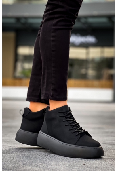 MirgeShoes Siyah Bağcıklı Erkek Spor Bot Deri Rahat Yüksek Kalın Siyah Taban SY MRG01062328