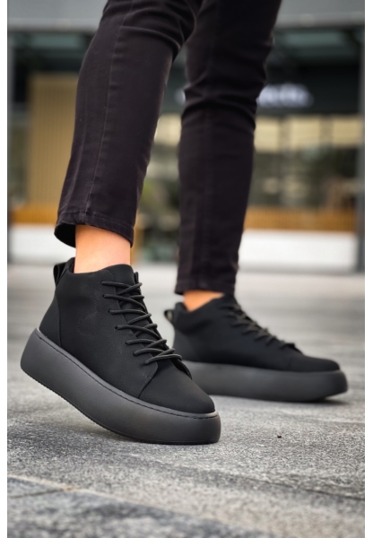 MirgeShoes Siyah Bağcıklı Erkek Spor Bot Deri Rahat Yüksek Kalın Siyah Taban SY MRG01062328