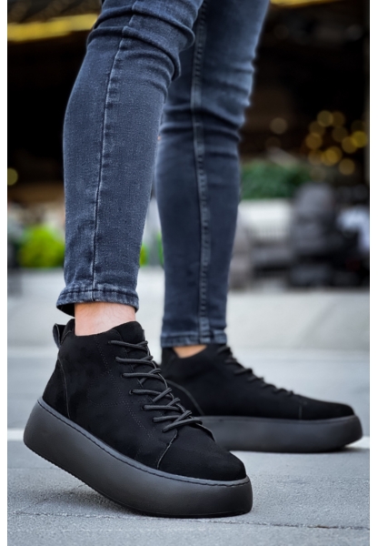 MirgeShoes Siyah Bağcıklı Erkek Spor Bot Süet Rahat Yüksek Kalın Siyah Taban SY MRG01062328