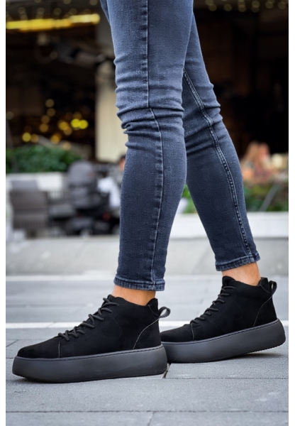 MirgeShoes Siyah Bağcıklı Erkek Spor Bot Süet Rahat Yüksek Kalın Siyah Taban SY MRG01062328