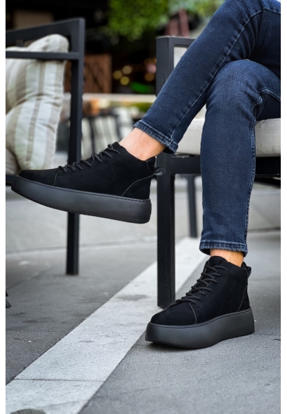 MirgeShoes Siyah Bağcıklı Erkek Spor Bot Süet Rahat Yüksek Kalın Siyah Taban SY MRG01062328