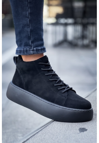 MirgeShoes Siyah Bağcıklı Erkek Spor Bot Süet Rahat Yüksek Kalın Siyah Taban SY MRG01062328