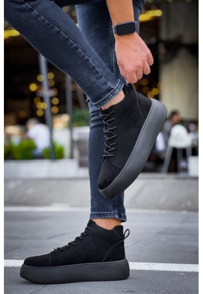 MirgeShoes Siyah Bağcıklı Erkek Spor Bot Süet Rahat Yüksek Kalın Siyah Taban SY MRG01062328