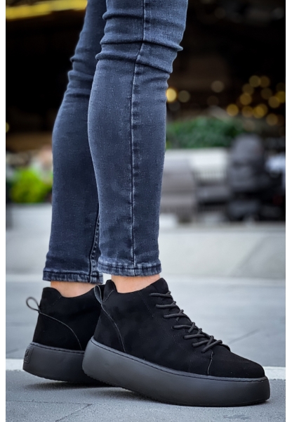 MirgeShoes Siyah Bağcıklı Erkek Spor Bot Süet Rahat Yüksek Kalın Siyah Taban SY MRG01062328