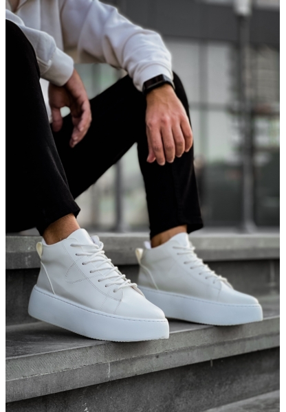 MirgeShoes Beyaz Bağcıklı Erkek Spor Bot Deri Rahat Yüksek Kalın Taban BYZ MRG01062328