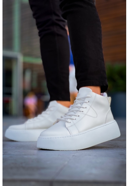 MirgeShoes Beyaz Bağcıklı Erkek Spor Bot Deri Rahat Yüksek Kalın Taban BYZ MRG01062328