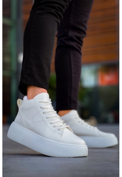 MirgeShoes Beyaz Bağcıklı Erkek Spor Bot Deri Rahat Yüksek Kalın Taban BYZ MRG01062328