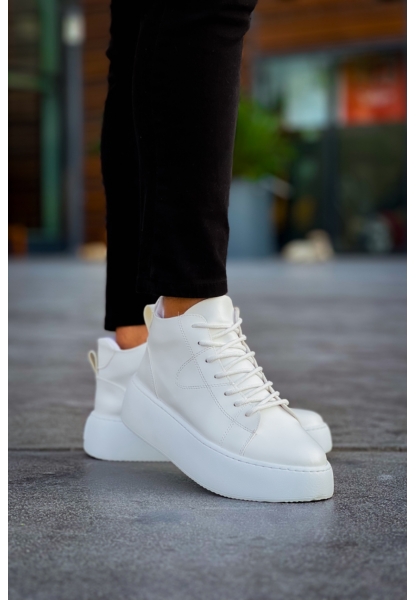 MirgeShoes Beyaz Bağcıklı Erkek Spor Bot Deri Rahat Yüksek Kalın Taban BYZ MRG01062328