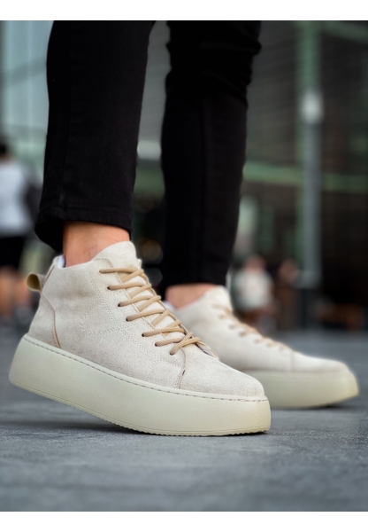 MirgeShoes Krem Bağcıklı Erkek Spor Bot Süet Deri Rahat Yüksek Kalın Taban Kr MRG01062328