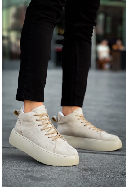 MirgeShoes Krem Bağcıklı Erkek Spor Bot Süet Deri Rahat Yüksek Kalın Taban Kr MRG01062328