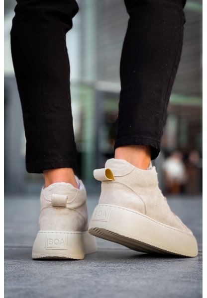 MirgeShoes Krem Bağcıklı Erkek Spor Bot Süet Deri Rahat Yüksek Kalın Taban Kr MRG01062328