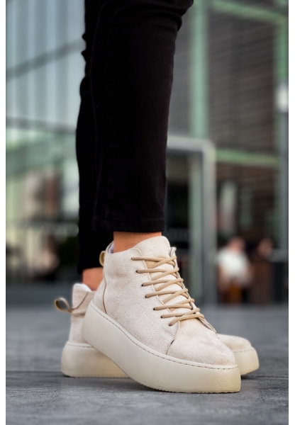 MirgeShoes Krem Bağcıklı Erkek Spor Bot Süet Deri Rahat Yüksek Kalın Taban Kr MRG01062328