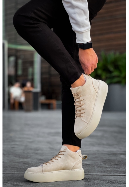 MirgeShoes Krem Bağcıklı Erkek Spor Bot Süet Deri Rahat Yüksek Kalın Taban Kr MRG01062328