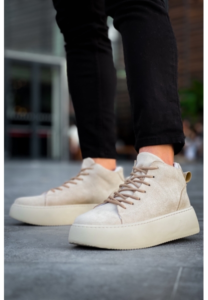 MirgeShoes Krem Bağcıklı Erkek Spor Bot Süet Deri Rahat Yüksek Kalın Taban Kr MRG01062328