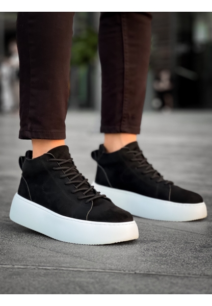 MirgeShoes Siyah Bağcıklı Erkek Spor Bot Süet Deri Rahat Yüksek Kalın Beyaz Taban SYH MRG01062328