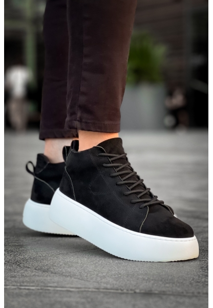 MirgeShoes Siyah Bağcıklı Erkek Spor Bot Süet Deri Rahat Yüksek Kalın Beyaz Taban SYH MRG01062328