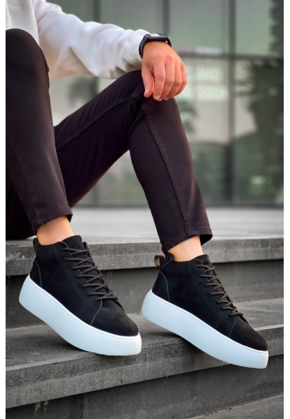 MirgeShoes Siyah Bağcıklı Erkek Spor Bot Süet Deri Rahat Yüksek Kalın Beyaz Taban SYH MRG01062328