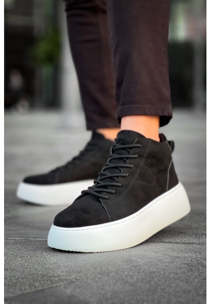 MirgeShoes Siyah Bağcıklı Erkek Spor Bot Süet Deri Rahat Yüksek Kalın Beyaz Taban SYH MRG01062328