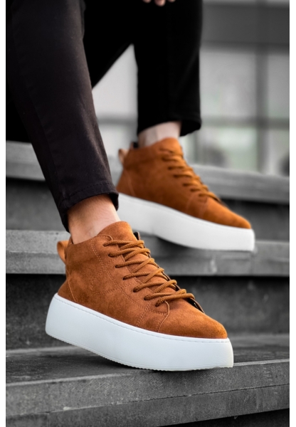 MirgeShoes Taba Bağcıklı Erkek Spor Bot Süet Deri Rahat Yüksek Kalın Beyaz Taban Tb MRG01062328