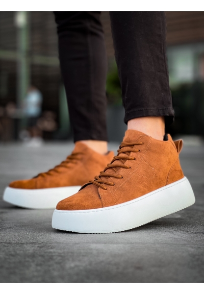 MirgeShoes Taba Bağcıklı Erkek Spor Bot Süet Deri Rahat Yüksek Kalın Beyaz Taban Tb MRG01062328