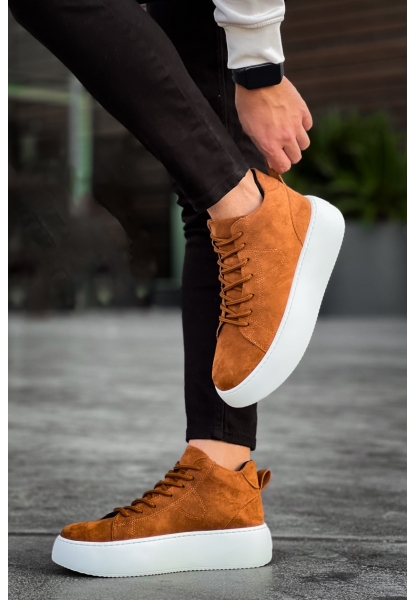 MirgeShoes Taba Bağcıklı Erkek Spor Bot Süet Deri Rahat Yüksek Kalın Beyaz Taban Tb MRG01062328