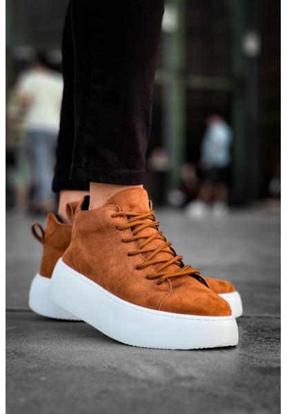 MirgeShoes Taba Bağcıklı Erkek Spor Bot Süet Deri Rahat Yüksek Kalın Beyaz Taban Tb MRG01062328