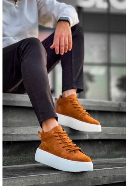 MirgeShoes Taba Bağcıklı Erkek Spor Bot Süet Deri Rahat Yüksek Kalın Beyaz Taban Tb MRG01062328