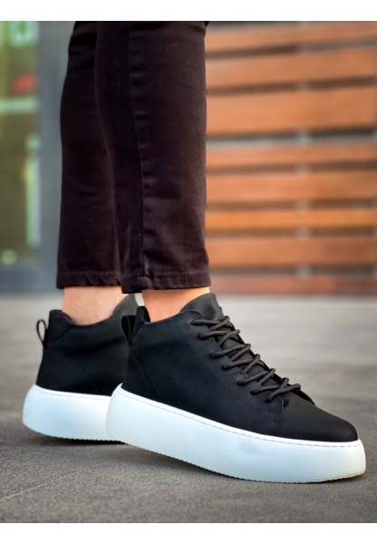 MirgeShoes Siyah Bağcıklı Erkek Spor Bot Deri Rahat Yüksek Kalın Beyaz Taban SY MRG01062328