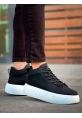 MirgeShoes Siyah Bağcıklı Erkek Spor Bot Deri Rahat Yüksek Kalın Beyaz Taban SY MRG01062328