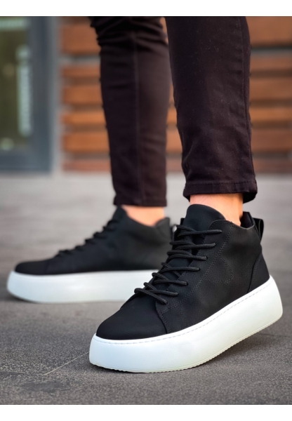 MirgeShoes Siyah Bağcıklı Erkek Spor Bot Deri Rahat Yüksek Kalın Beyaz Taban SY MRG01062328