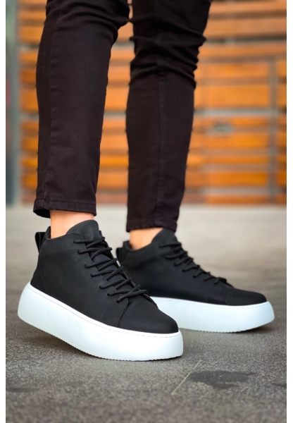 MirgeShoes Siyah Bağcıklı Erkek Spor Bot Deri Rahat Yüksek Kalın Beyaz Taban SY MRG01062328