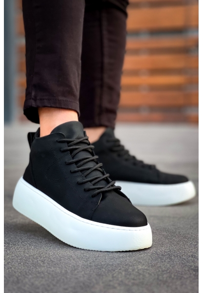 MirgeShoes Siyah Bağcıklı Erkek Spor Bot Deri Rahat Yüksek Kalın Beyaz Taban SY MRG01062328