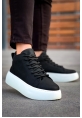 MirgeShoes Siyah Bağcıklı Erkek Spor Bot Deri Rahat Yüksek Kalın Beyaz Taban SY MRG01062328
