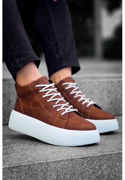 MirgeShoes Taba Bağcıklı Erkek Spor Bot Deri Rahat Yüksek Kalın Beyaz Taban Tb MRG01062328