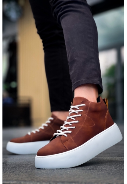MirgeShoes Taba Bağcıklı Erkek Spor Bot Deri Rahat Yüksek Kalın Beyaz Taban Tb MRG01062328
