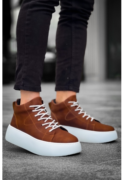 MirgeShoes Taba Bağcıklı Erkek Spor Bot Deri Rahat Yüksek Kalın Beyaz Taban Tb MRG01062328