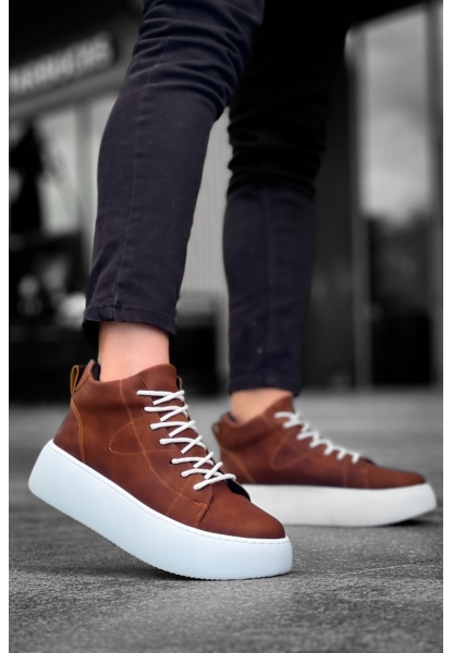 MirgeShoes Taba Bağcıklı Erkek Spor Bot Deri Rahat Yüksek Kalın Beyaz Taban Tb MRG01062328