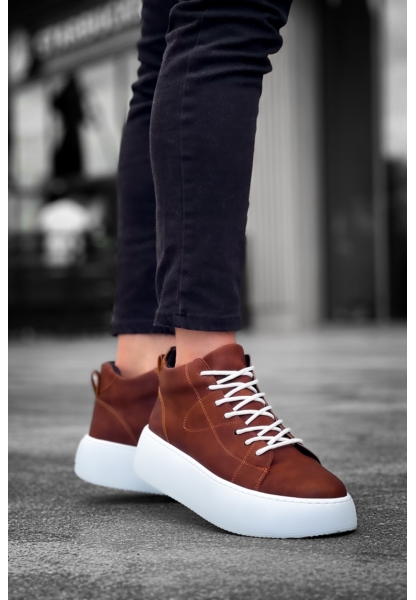 MirgeShoes Taba Bağcıklı Erkek Spor Bot Deri Rahat Yüksek Kalın Beyaz Taban Tb MRG01062328