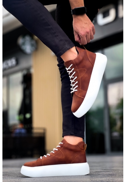 MirgeShoes Taba Bağcıklı Erkek Spor Bot Deri Rahat Yüksek Kalın Beyaz Taban Tb MRG01062328