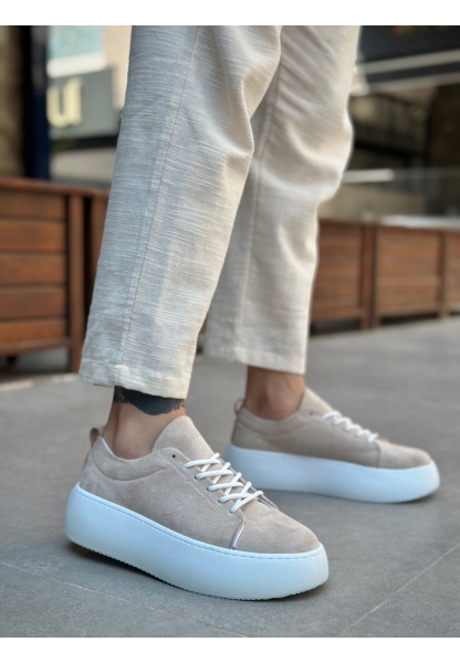 MirgeShoes Krem Bağcıklı Erkek Spor Ayakkabı İthal Süet Yüksek Beyaz Taban MRG01062329