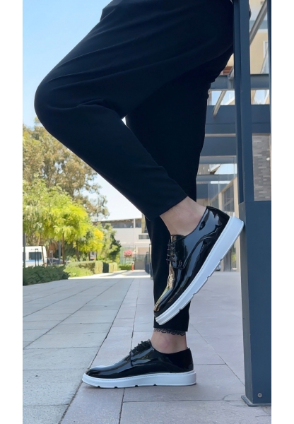 MirgeShoes Siyah Bağcıklı Rugan Casual Erkek Ayakkabı Yüksek BYZ Taban MRG01060002321