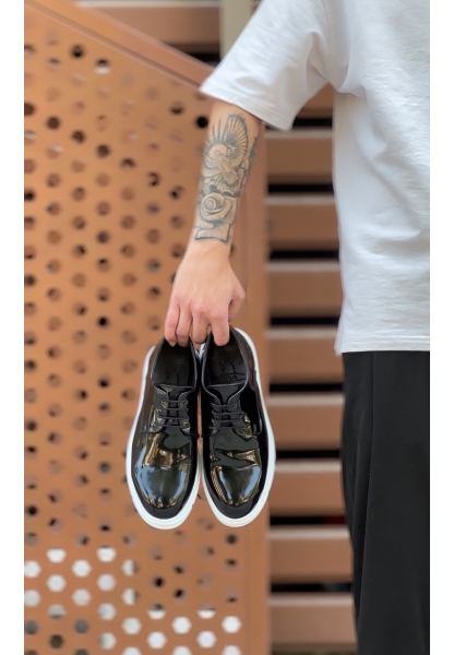 MirgeShoes Siyah Bağcıklı Rugan Casual Erkek Ayakkabı Yüksek BYZ Taban MRG01060002321