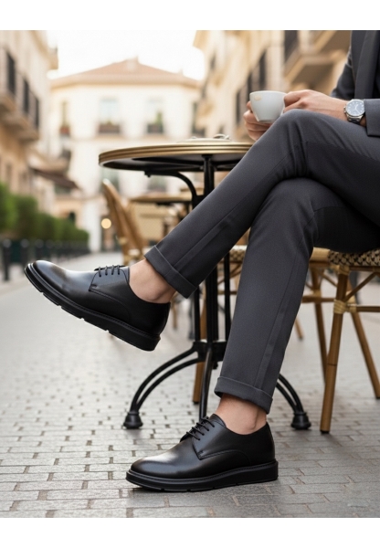 MirgeShoes Siyah Bağcıklı Klasik Casual Erkek Ayakkabı Cilt Deri Yüksek SYH Taban MRG01060002321