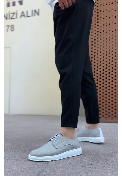 MirgeShoes Gri Bağcıklı Klasik Casual Erkek Ayakkabı Keten Deri Yüksek BYZ Taban MRG01060002321