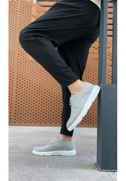 MirgeShoes Gri Bağcıklı Klasik Casual Erkek Ayakkabı Keten Deri Yüksek BYZ Taban MRG01060002321