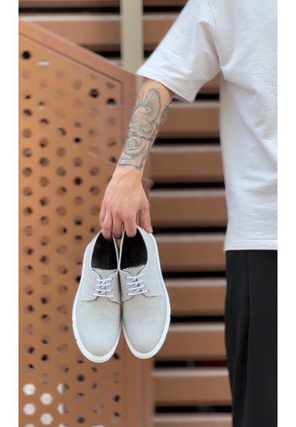 MirgeShoes Gri Bağcıklı Klasik Casual Erkek Ayakkabı Keten Deri Yüksek BYZ Taban MRG01060002321